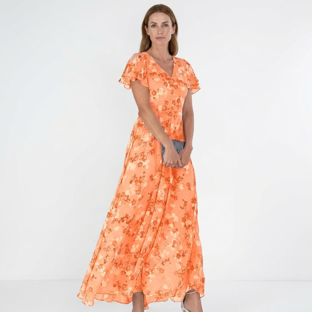 Floral Ruffle Sleeve Chiffon-Look Maxi Dress For Women