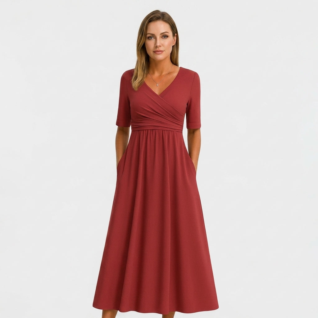 Wrap Neck A-Line Midi Dress For Women