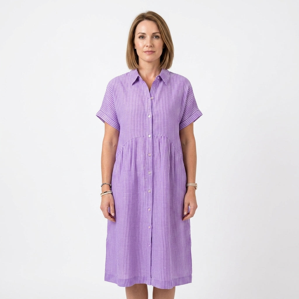 Striped Button-Down Maxi Shirt Dress For Women