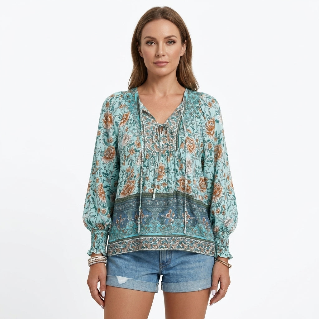 Boho Floral Tie Front Blouse For Women