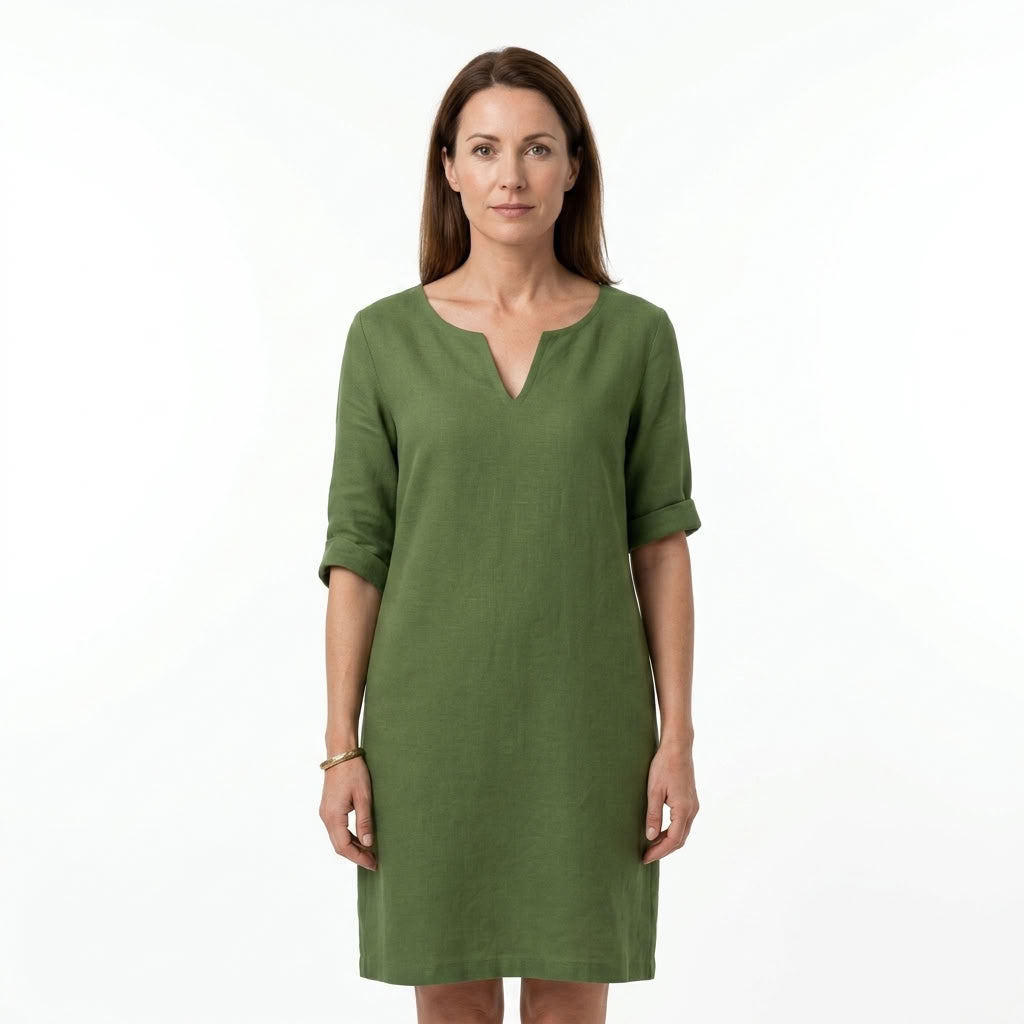 Linen Blend V-Neck Knee-Length Dress For Women
