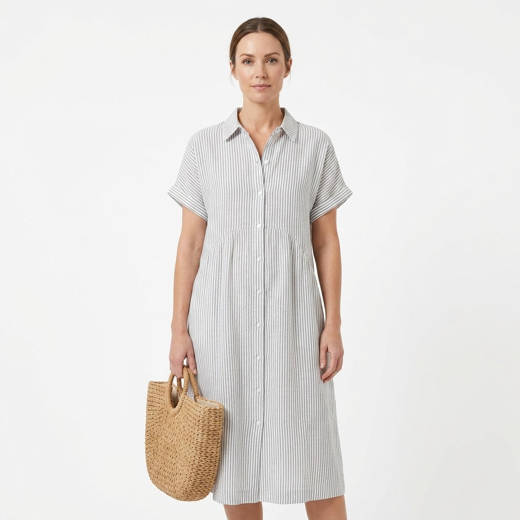 Striped Button-Down Maxi Shirt Dress For Women