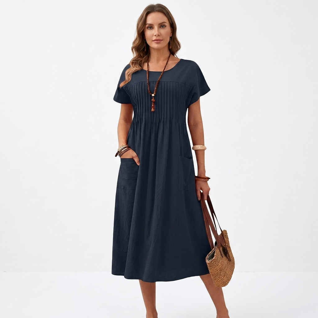 Pleated Cotton Linen Day Dress With Pockets For Women
