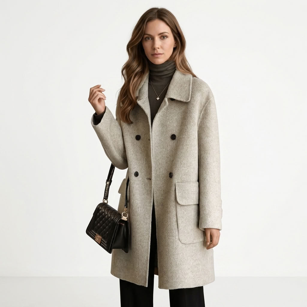 Tailored Double-Breasted Wool Blend Coat For Women
