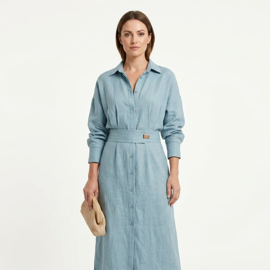 Belted Cotton Linen Shirt Dress For Women