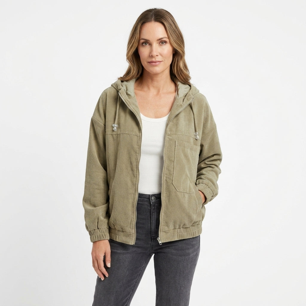 Corduroy Hooded Zip Jacket For Women
