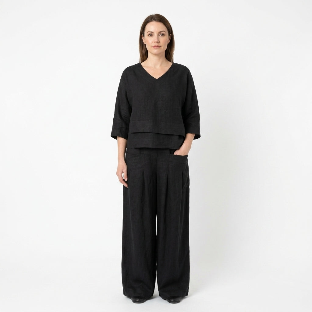 Asymmetrical V-Neck Wide Leg Pants Set For Women