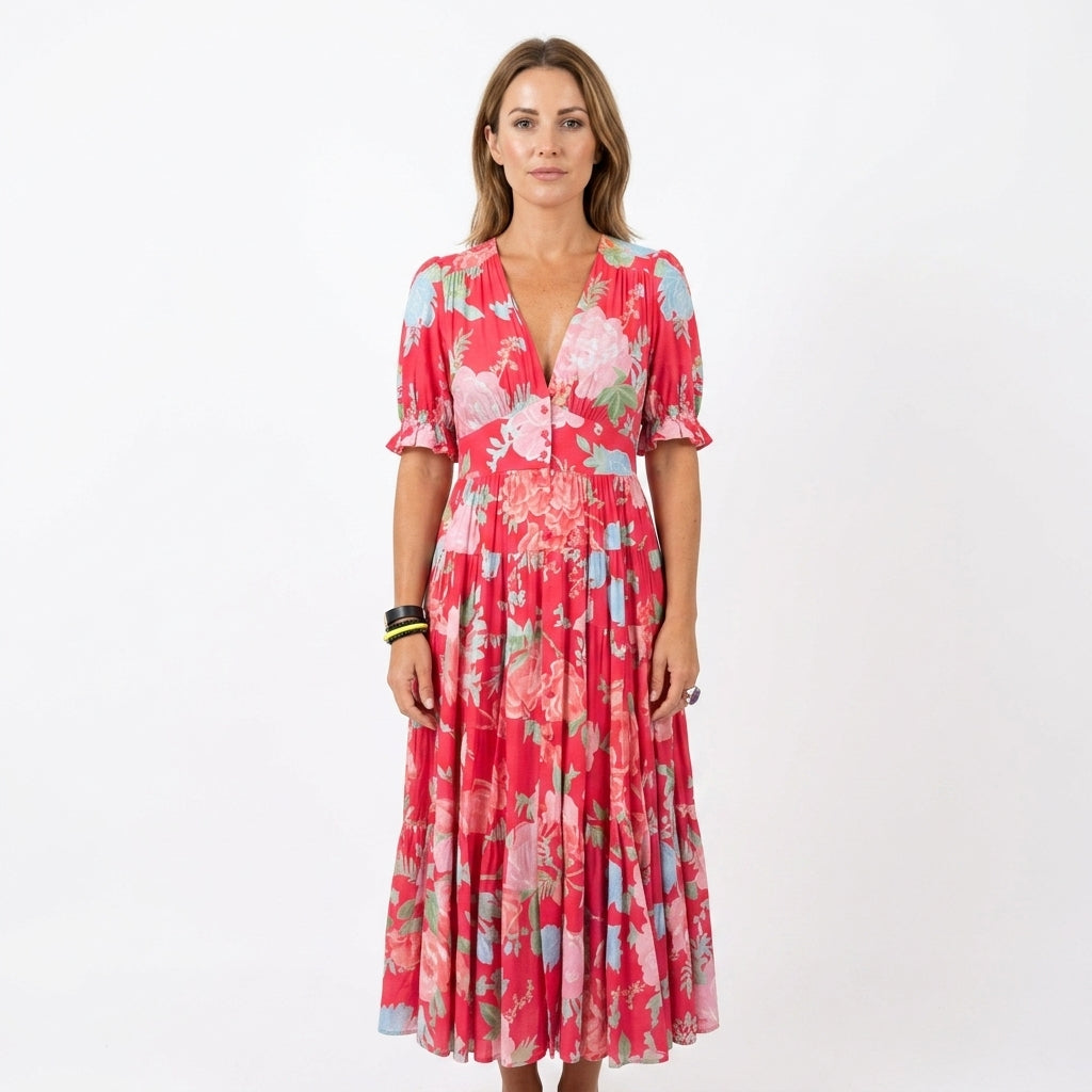 Floral V-Neck Butterfly Sleeve Maxi Dress For Women