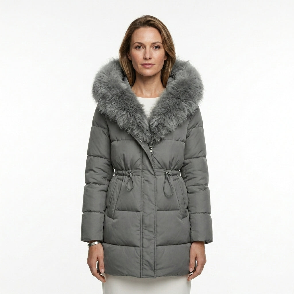 Grey Detachable Trim Winter Jacket For Women