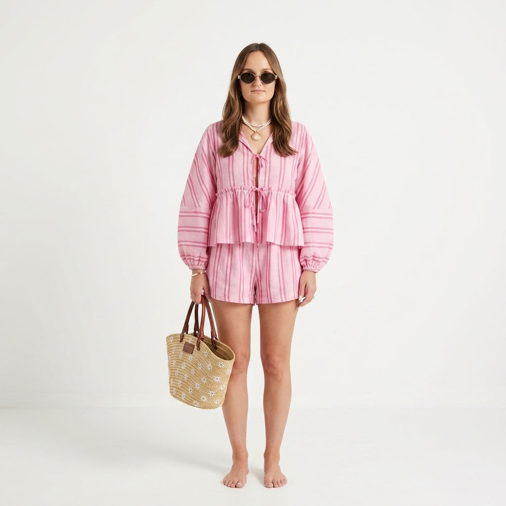 Striped Cotton Blouse And Shorts Set For Women