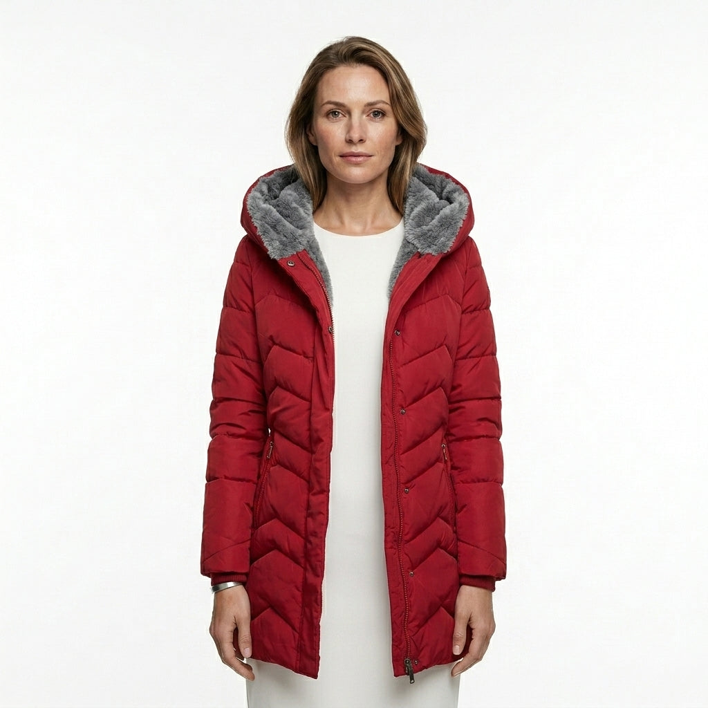 Red Quilted Winter Jacket For Women