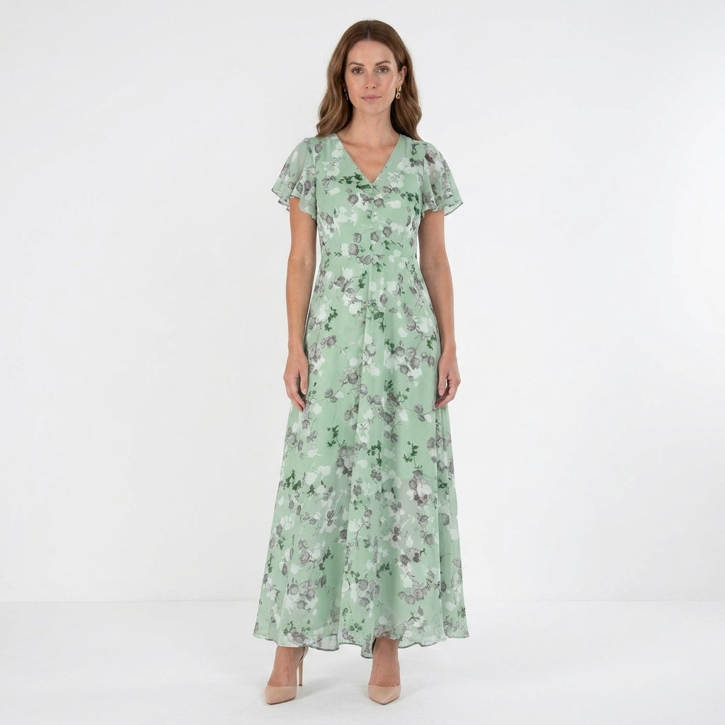 Floral Ruffle Sleeve Chiffon-Look Maxi Dress For Women