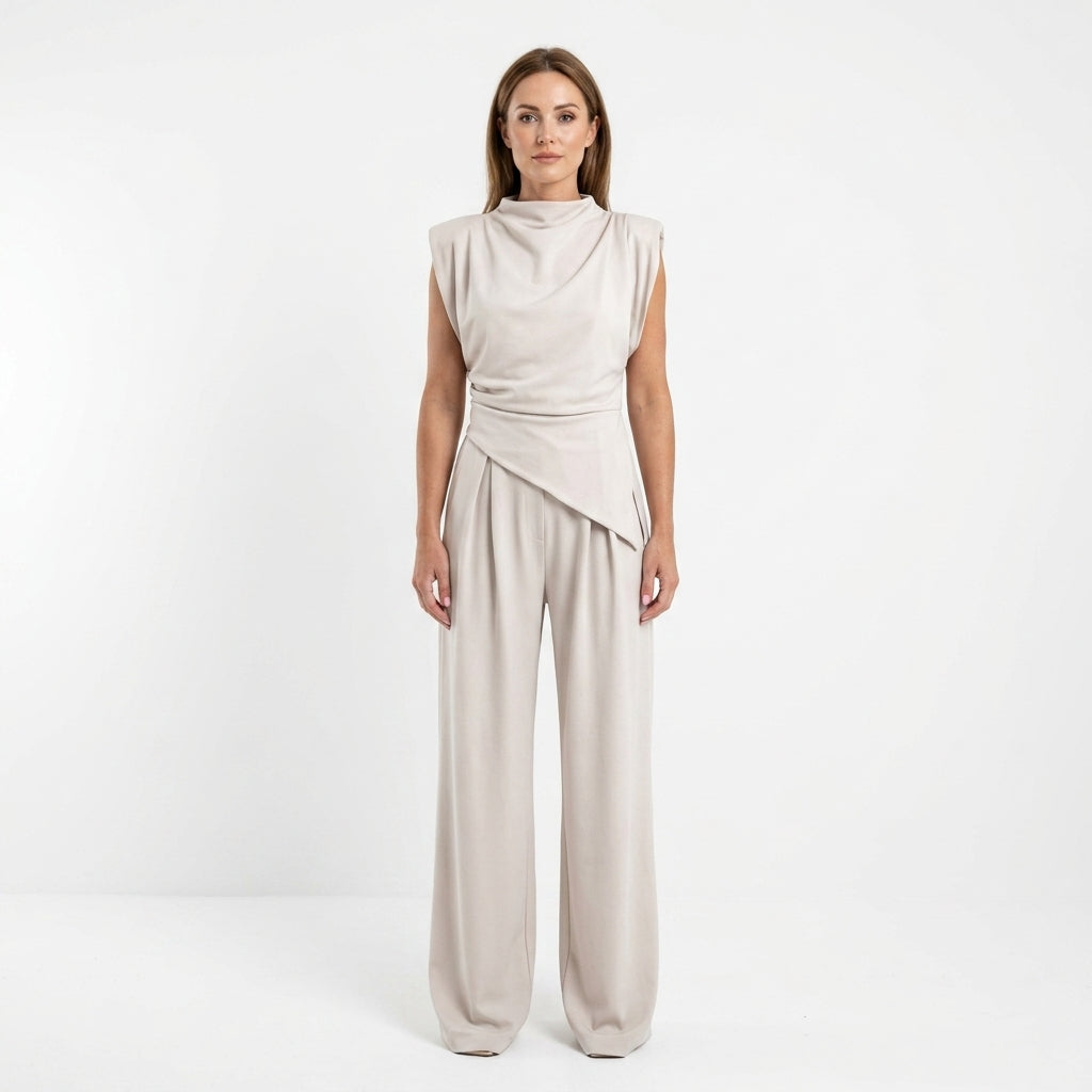 Draped Waist Wide Leg Jumpsuit For Women