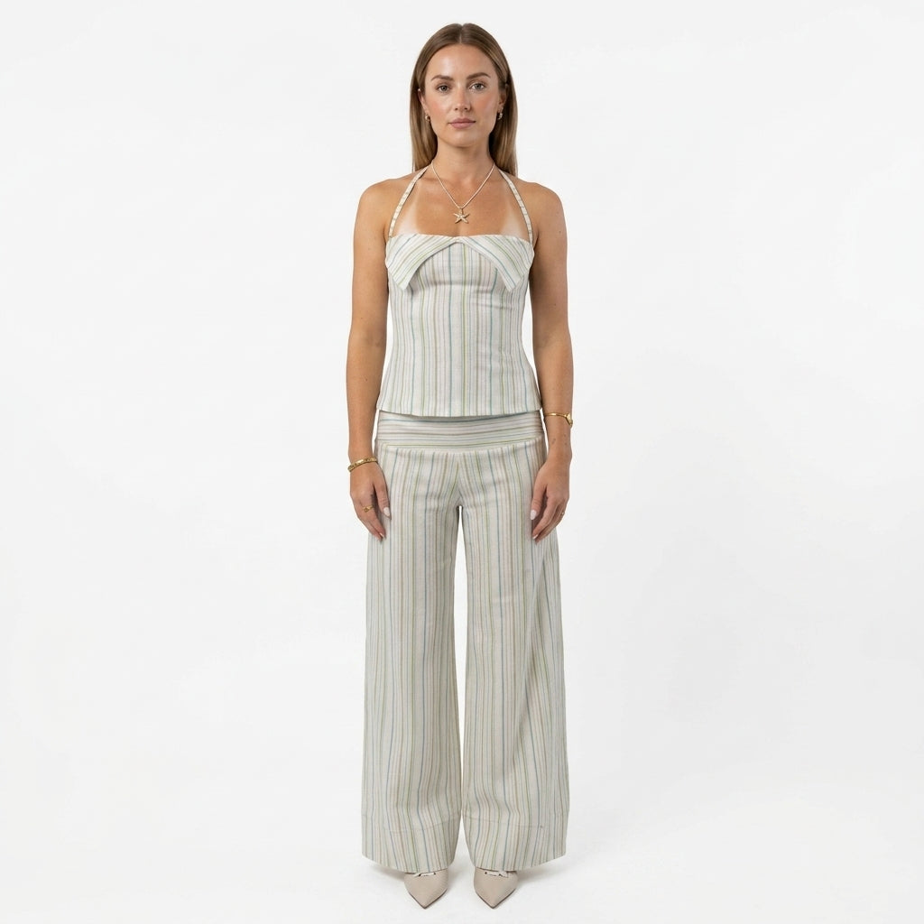 Neck-Tie Top And Striped Pants Set For Women