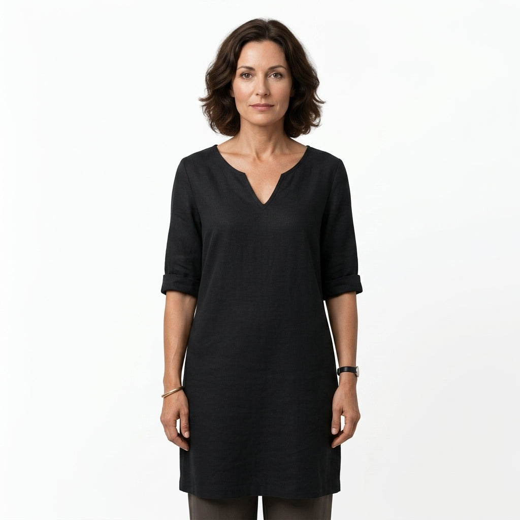 Linen Blend V-Neck Knee-Length Dress For Women