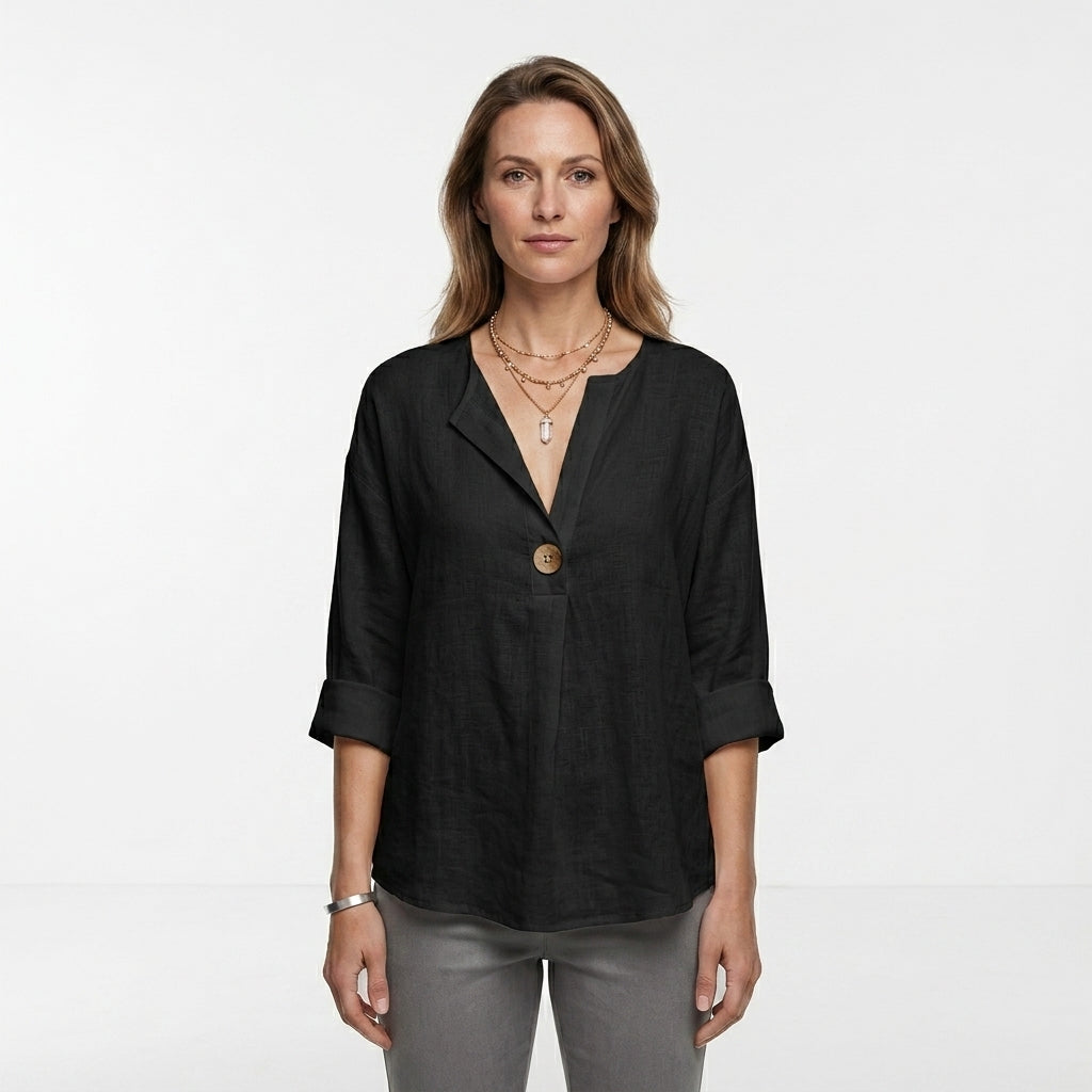Relaxed V-Neck Button Blouse For Women