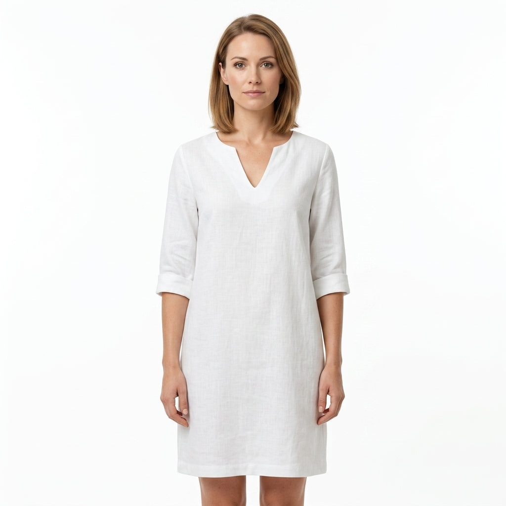 Linen Blend V-Neck Knee-Length Dress For Women