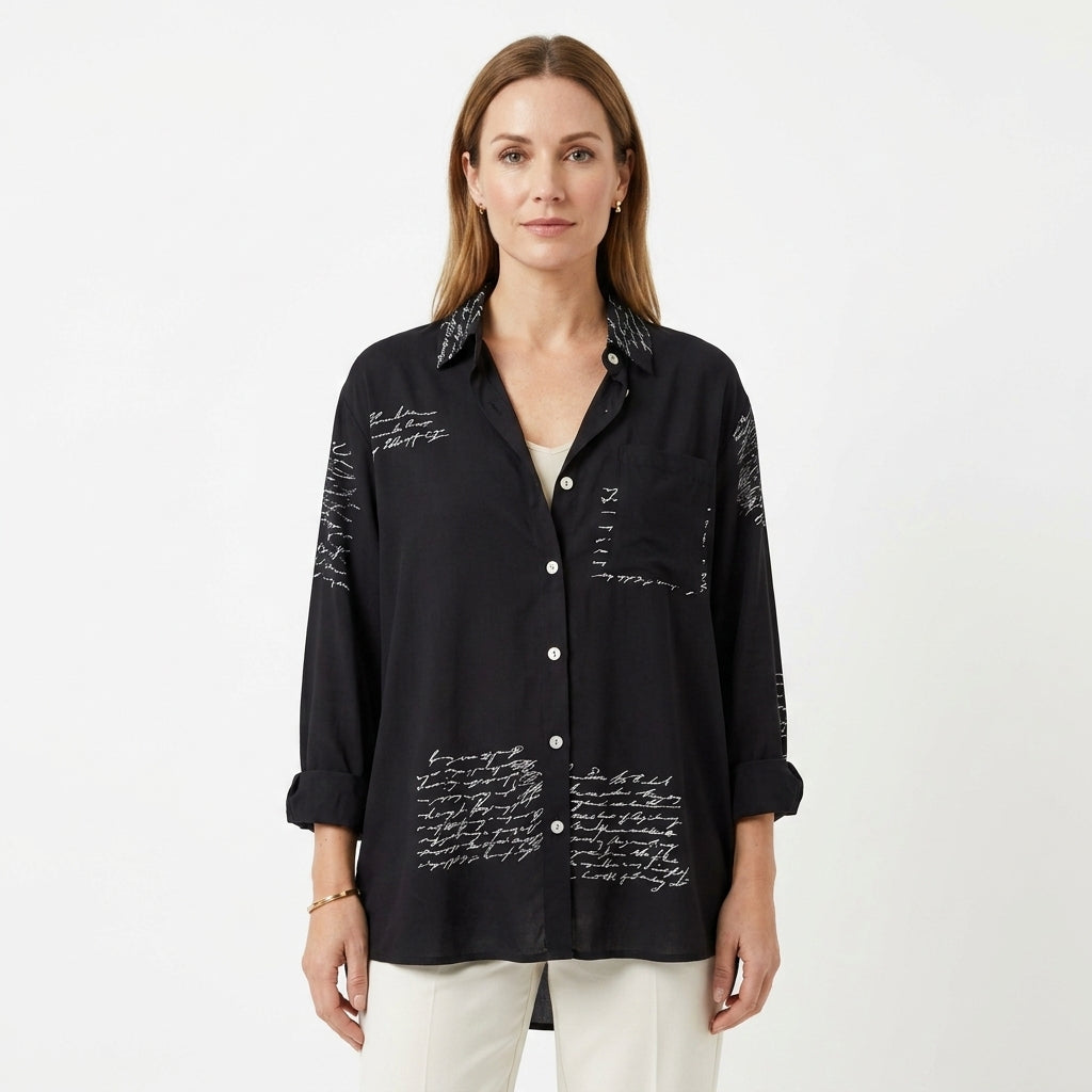 Handwriting Print Button-Up Shirt For Women