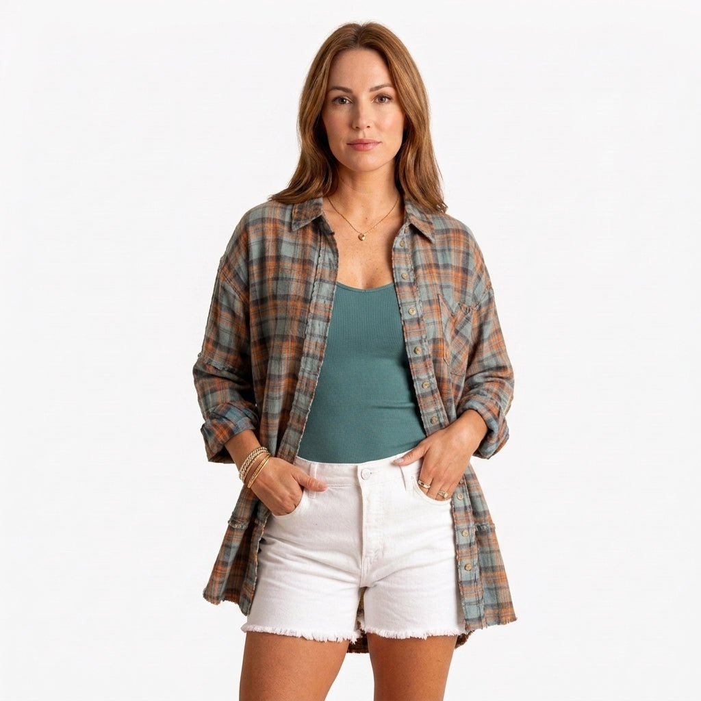 Oversized Washed Flannel Blouse For Women