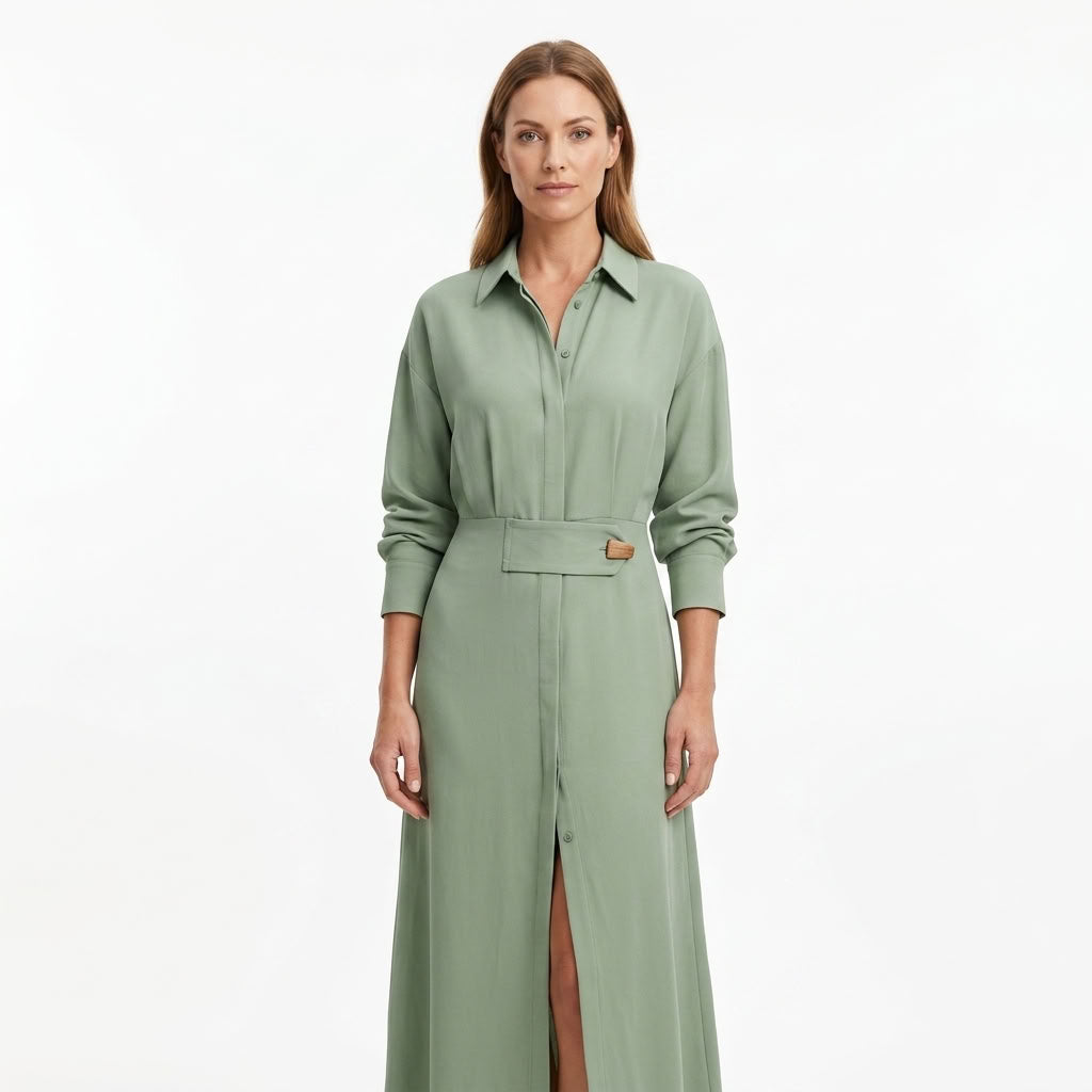 Belted Cotton Linen Shirt Dress For Women