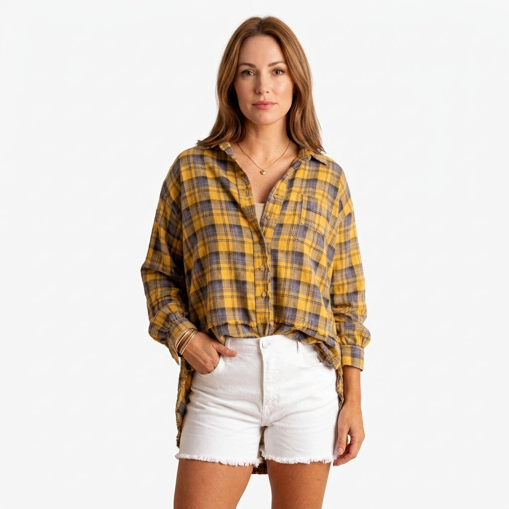 Oversized Washed Flannel Blouse For Women