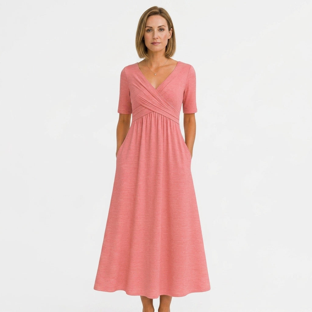 Wrap Neck A-Line Midi Dress For Women