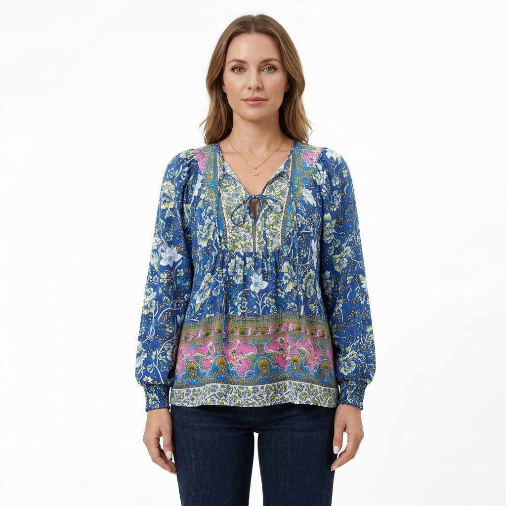 Boho Floral Tie Front Blouse For Women