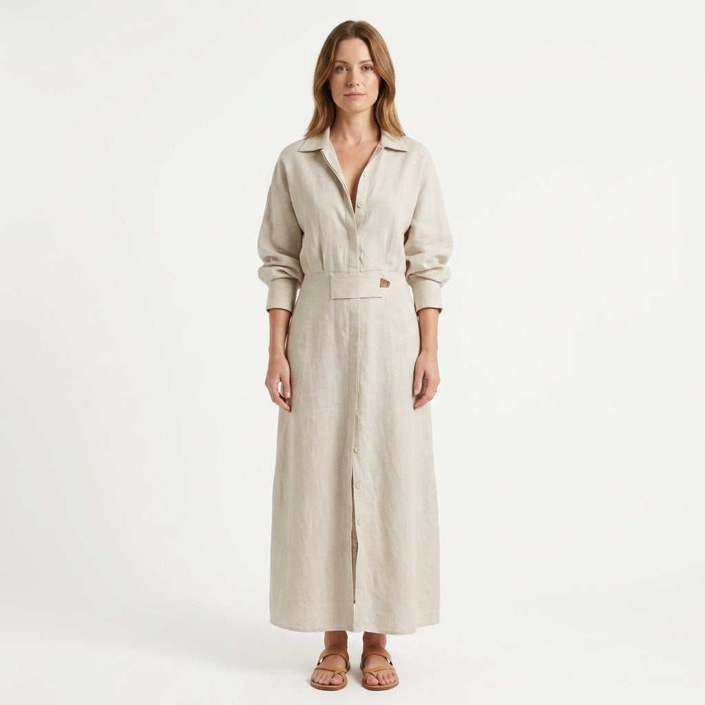 Belted Cotton Linen Shirt Dress For Women