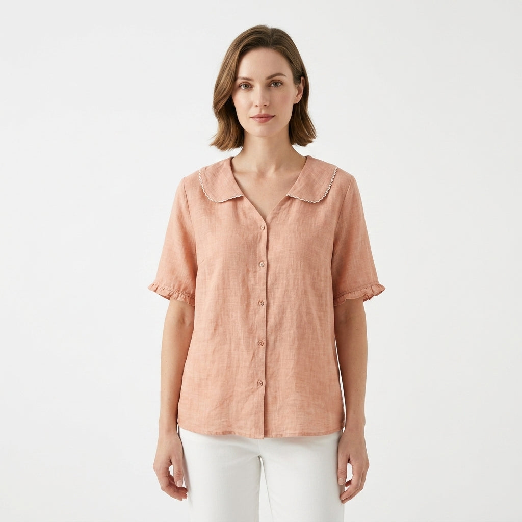 Ruffle Collar Linen Shirt For Women