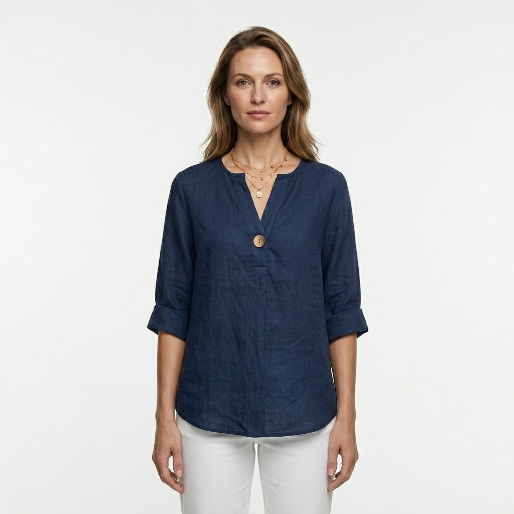 Relaxed V-Neck Button Blouse For Women