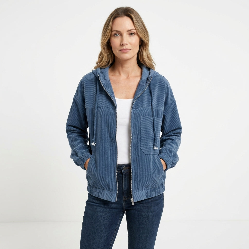 Hooded Corduroy Zip Jacket For Women