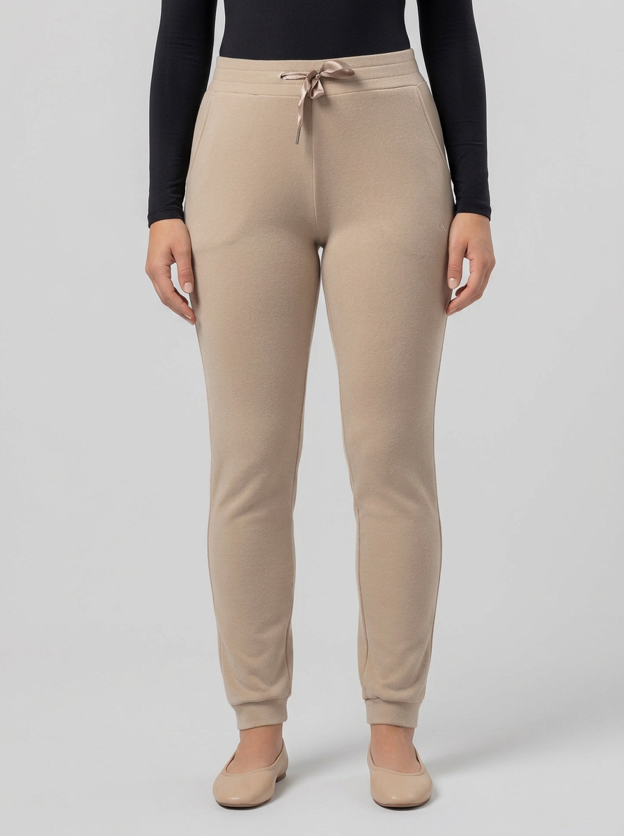 Women's Beige Warm Trackpants With Satin Waist Ribbon