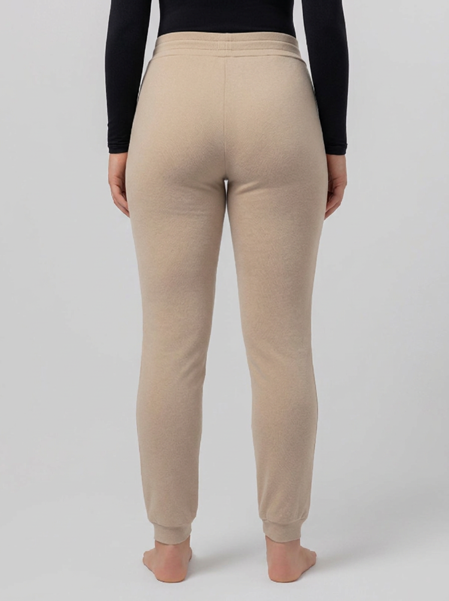 Women's Beige Warm Trackpants With Satin Waist Ribbon
