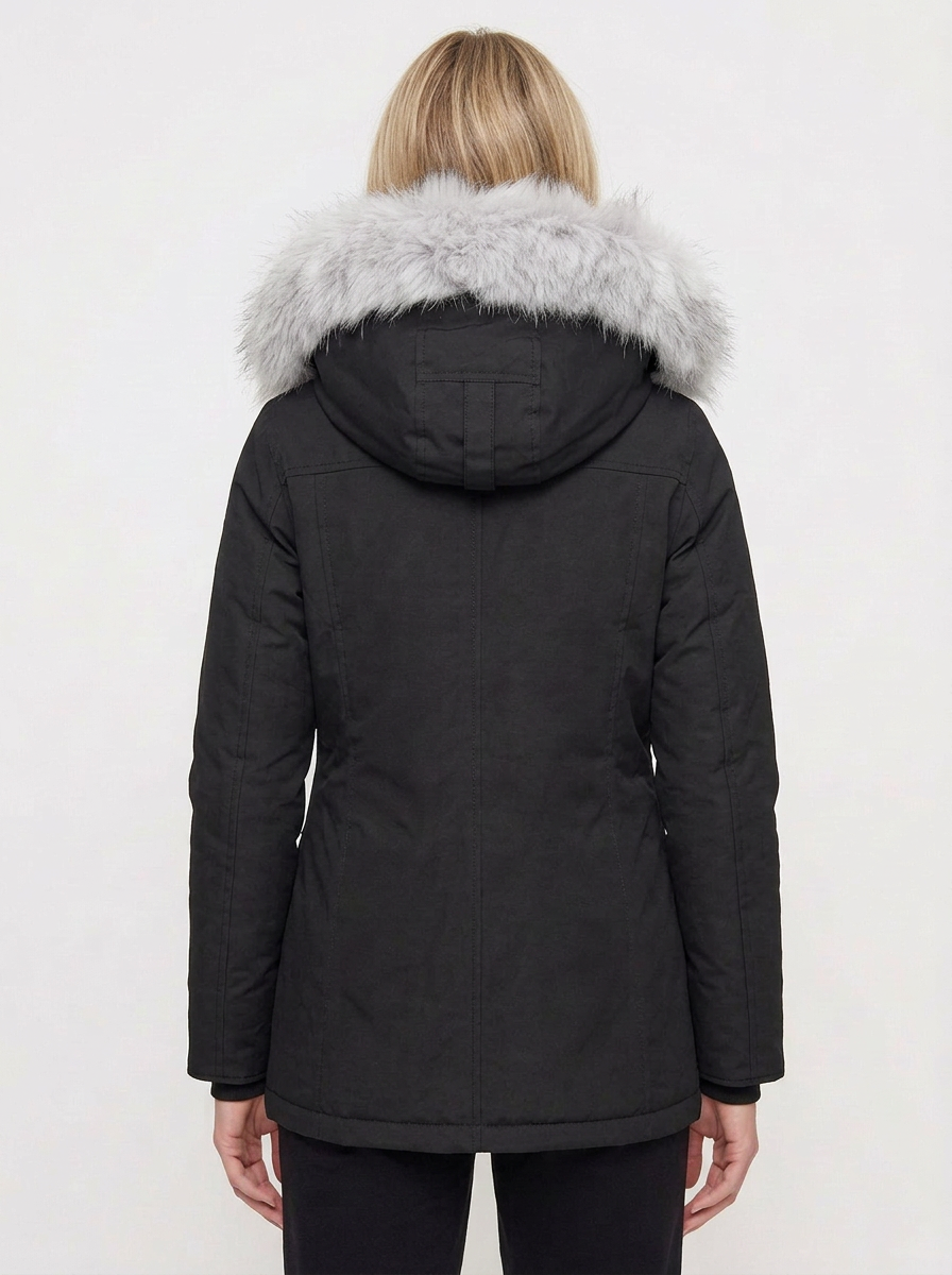 Women’s Mid-Thigh Winter Parka With Fur-Trimmed Hood