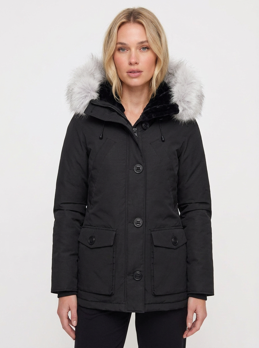 Women’s Mid-Thigh Winter Parka With Fur-Trimmed Hood
