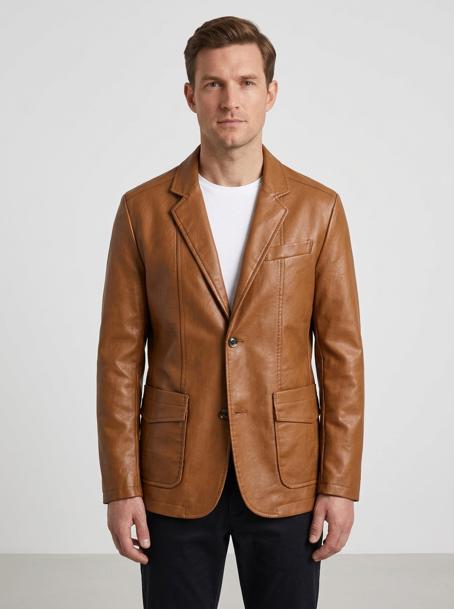 Classic Leather Jacket With Cotton Lining And Multiple Pockets