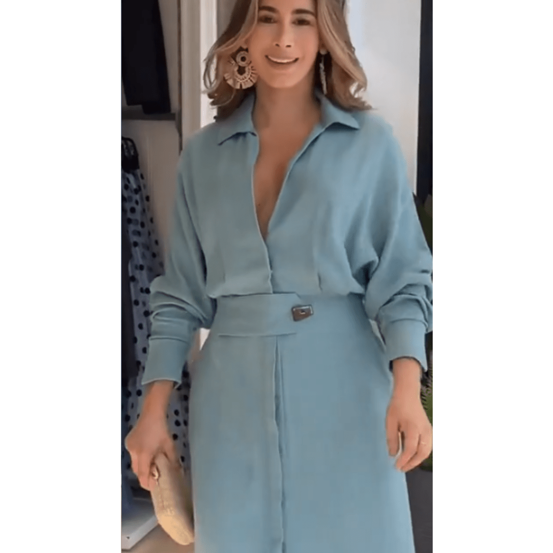 Barbara | Sukienka maxi z bawełny i lnu z guzikami i paskiem w talii - Kup online w Loafis