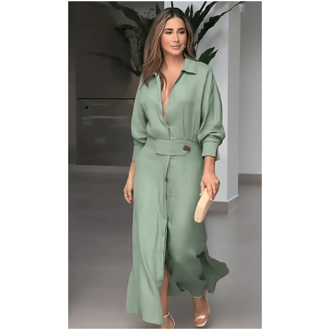 Barbara | Sukienka maxi z bawełny i lnu z guzikami i paskiem w talii - Kup online w Loafis