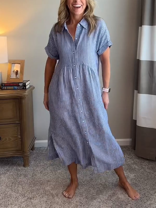 Malina | Sukienka koszulowa w paski z klapami i guzikami Z funkcjonalnymi kieszeniami - Kup online w Loafis