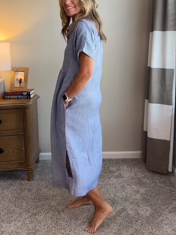 Malina | Sukienka koszulowa w paski z klapami i guzikami Z funkcjonalnymi kieszeniami - Kup online w Loafis