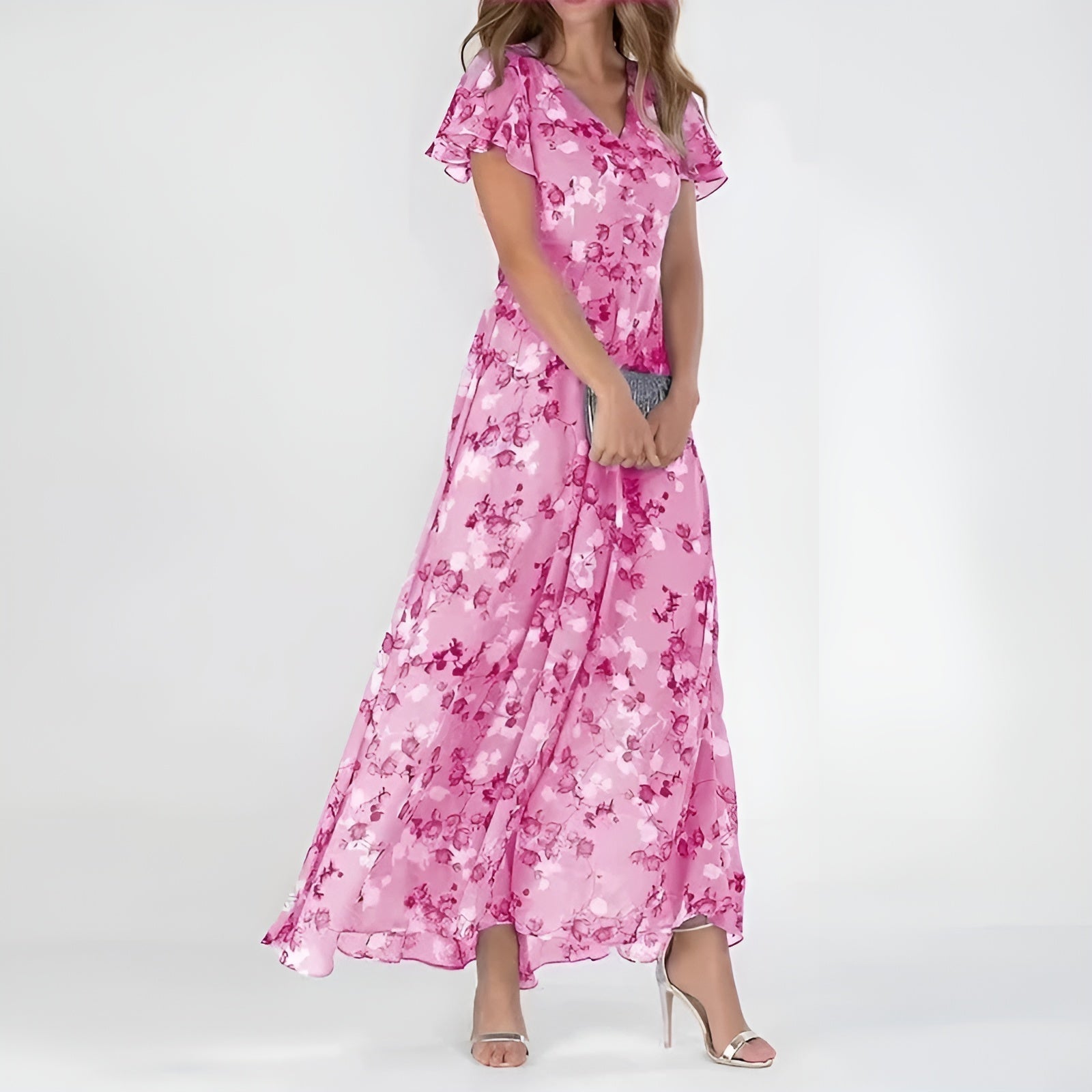 Rozalia | Elegancka sukienka maxi w kwiaty z falbanowymi rękawami - Kup online w Loafis