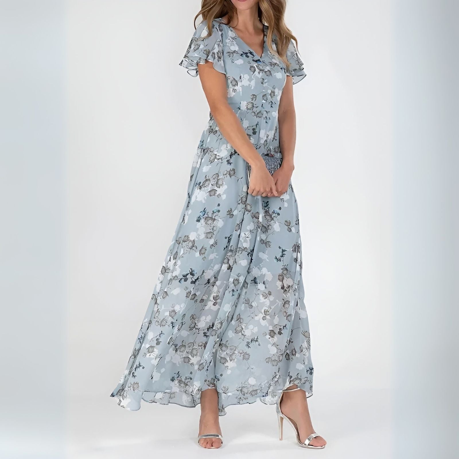 Rozalia | Elegancka sukienka maxi w kwiaty z falbanowymi rękawami - Kup online w Loafis